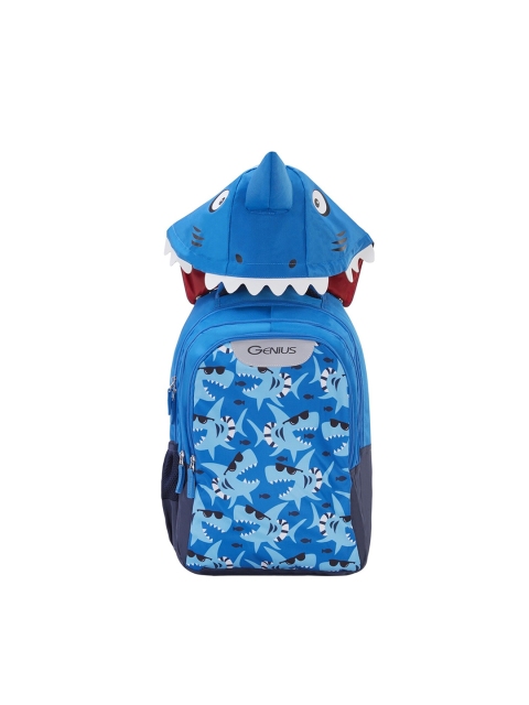 

Genius Kids Blue Shark Blue Printed Backpack With Detachable Waterproof Rain Hoodie