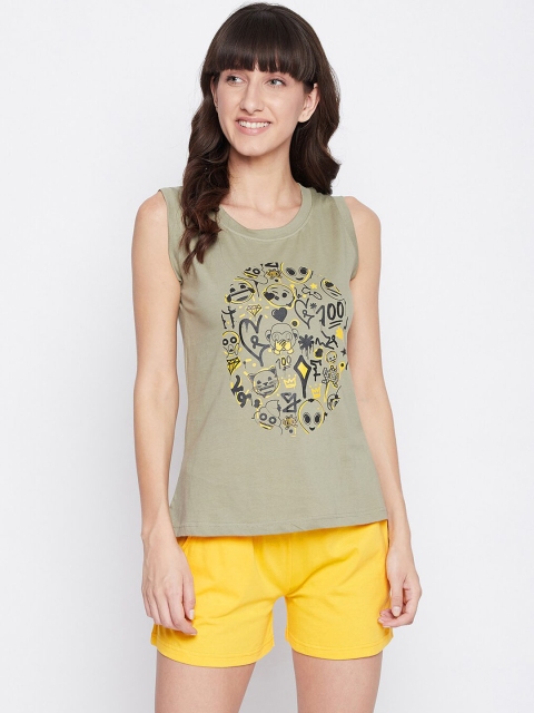 

Clovia Women Olive Green & Yellow Printed Pure Cotton Tank Top & Basic Shorts Set