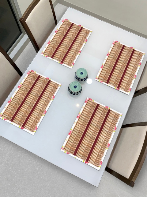 

HomeStorie Set Of 4 Tan Brown & Maroon Striped Handmade Eco-Friendly Table Placemats