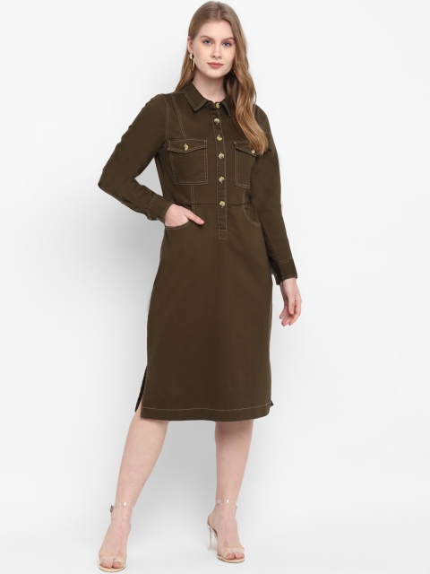 

FOSH Women Olive Green Shirt Midi Dress