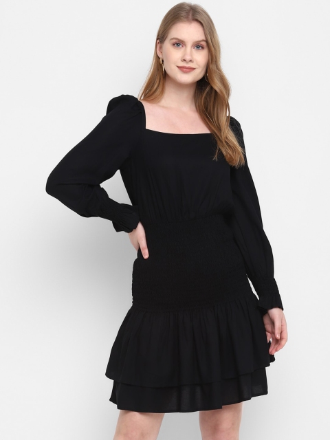 

FOSH Black Solid Fit and Flare Dress