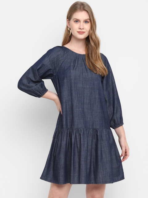 

FOSH Women Navy Blue Solid Round Neck Denim Drop-Waist Dress