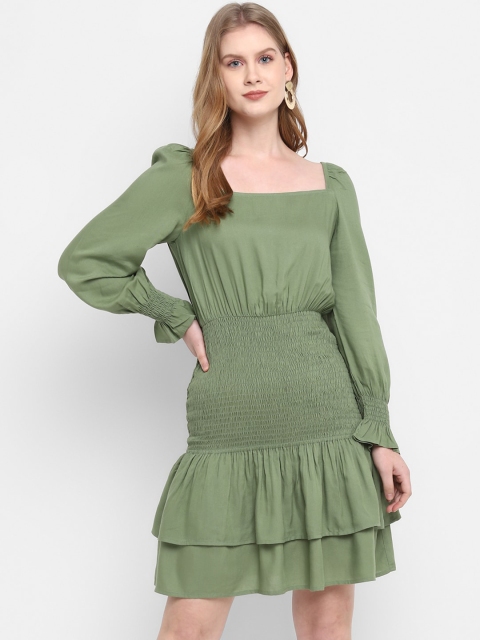 

FOSH Green Solid Puff Sleeves Smocked Drop-Waist Dress