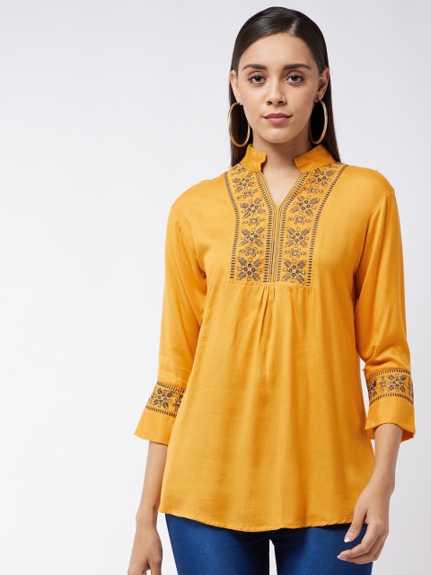 

Purple Feather Women Mustard Yellow Yoke Design Embroidered Ethnic Top