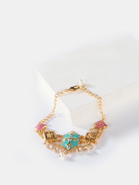 

SHAYA Women Gold-Plated & Pink Brass Pearls Enamelled Handcrafted Charm Bracelet