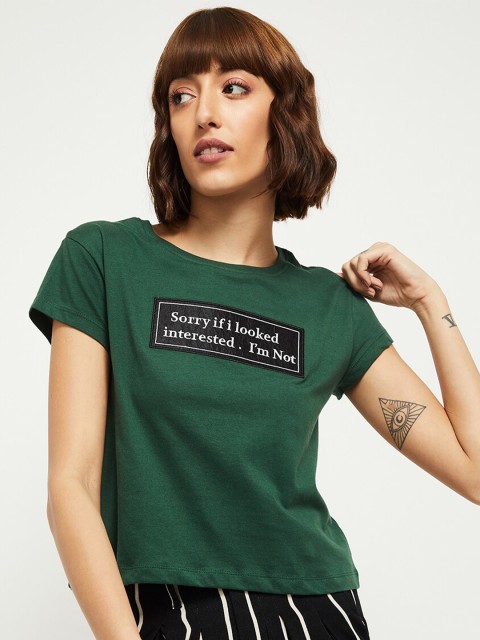 

max Women Green Typography Drop-Shoulder Sleeves T-shirt