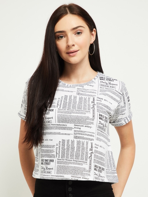 

max Women White & Black Typography Printed T-shirt