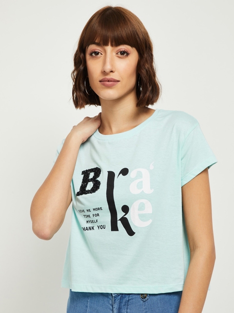 

max Women Blue Typography Printed T-shirt
