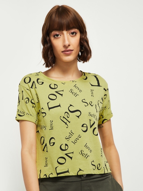 

max Women Green & Black Typography Printed T-shirt
