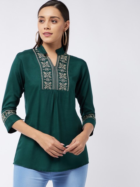 

Purple Feather Women Green & Beige Ethnic Motifs Embroidered Ethnic Top