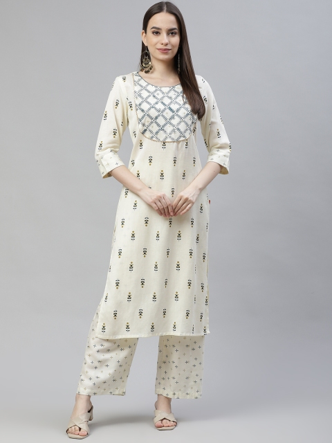 

Laabha Women Cream-Coloured Floral Printed Regular Kurta with Palazzos