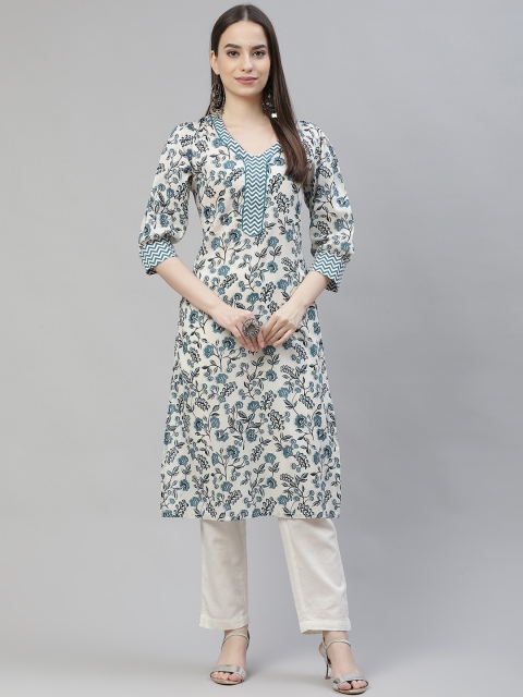 

Laabha Women White & Blue Printed Kurta