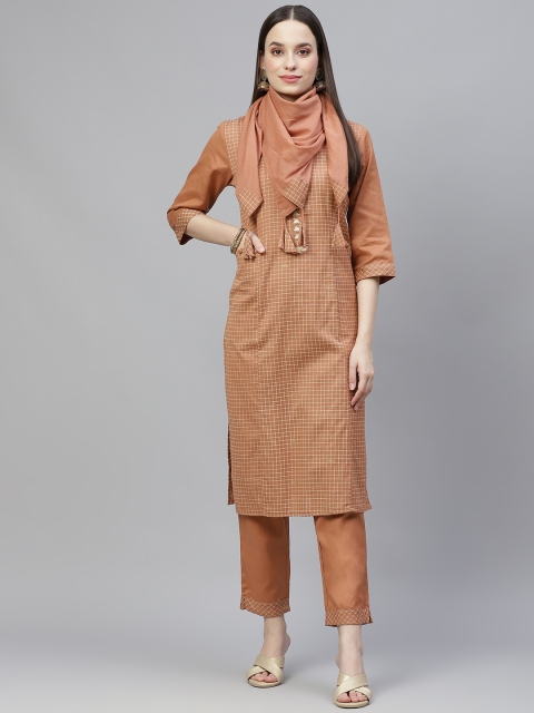 

Laabha Women Beige & White Thread Work Kurta with Trousers & With Dupatta