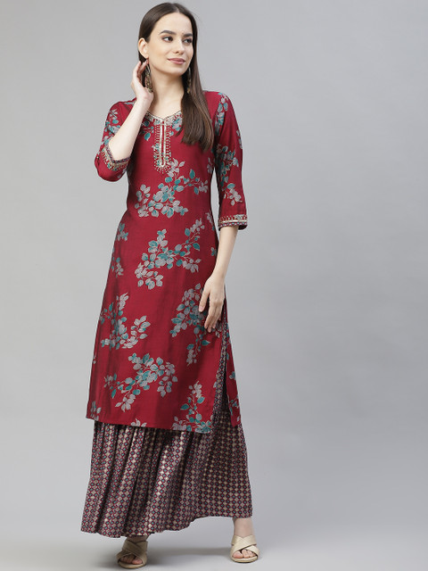 

Laabha Women Maroon Ethnic Motifs Printed Regular Kurta with Palazzos