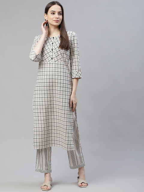 

Laabha Women Off White Checked Regular Kurta with Palazzos