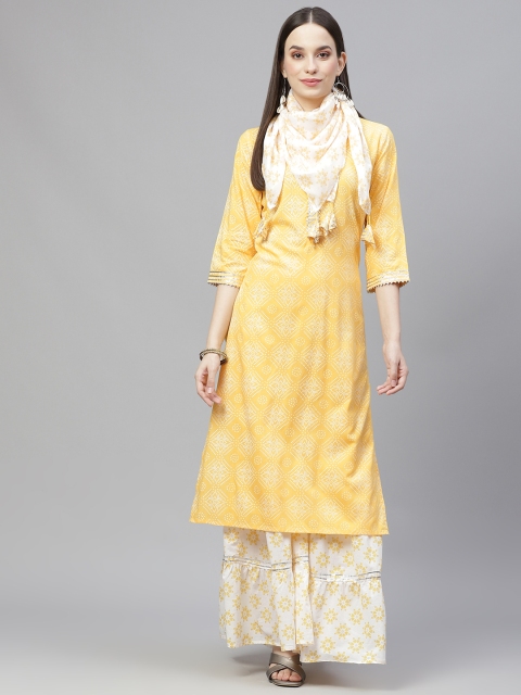 

Laabha Women Yellow Bandhani Print Thread Work Kurta with Sharara & Dupatta