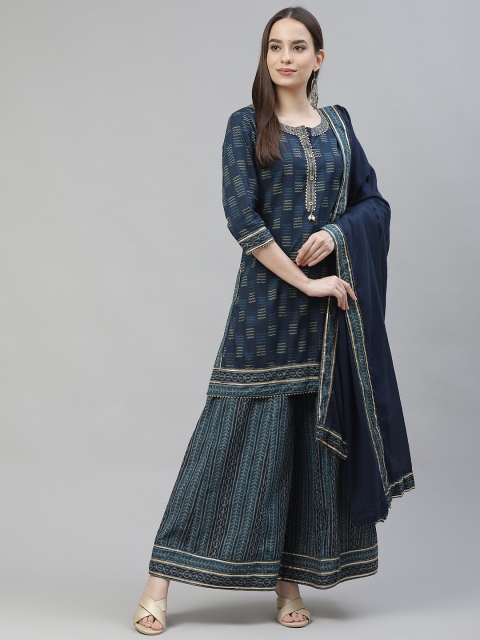 

Laabha Women Blue Chevron Printed Regular Kurta with Palazzos & With Dupatta