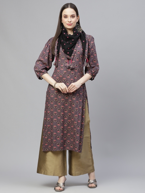 

Laabha Women Mauve & Pink Ethnic Motifs Printed Keyhole Neck Kurta with Stole