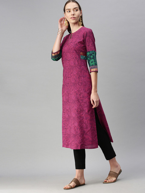 

araaliya Women Magenta Floral Printed Thread Work Kurta