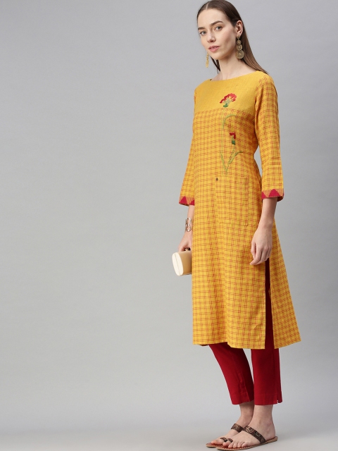 

araaliya Women Mustard Yellow Checked Thread Work Kurta