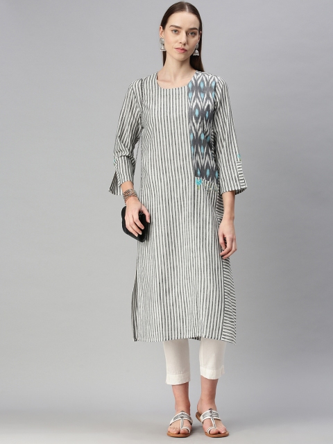 

araaliya Women Cream-Coloured & Black Striped Thread Work Kurta