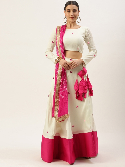 

LOOKNBOOK ART White & Pink Thread Work Semi-Stitched Lehenga & Unstitched Blouse With Dupatta