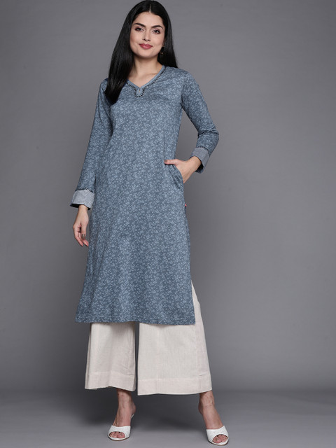 

Biba Women Blue Pure Cotton Ethnic Motifs Printed Knitted Winter Straight Kurta