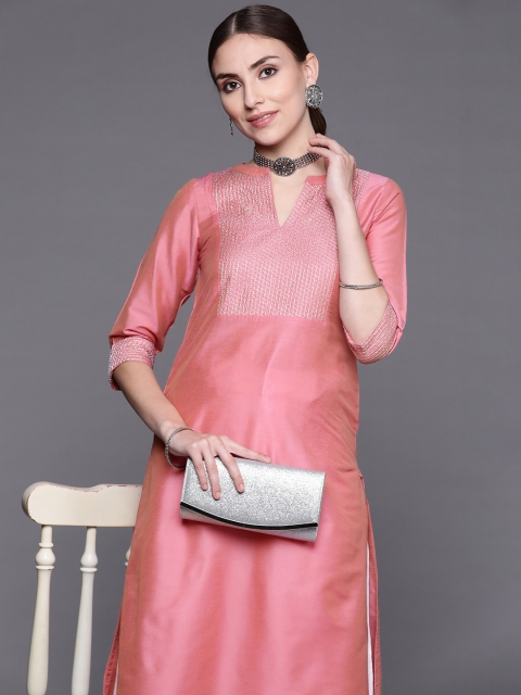 

Biba Women Dusty Pink Woven Yoke Design Kurta, Rose