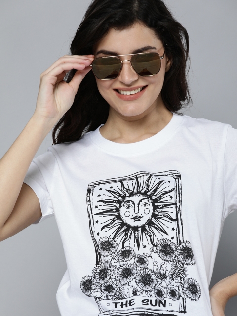 

HERENOW Women White Black Printed Pure Cotton T-shirt