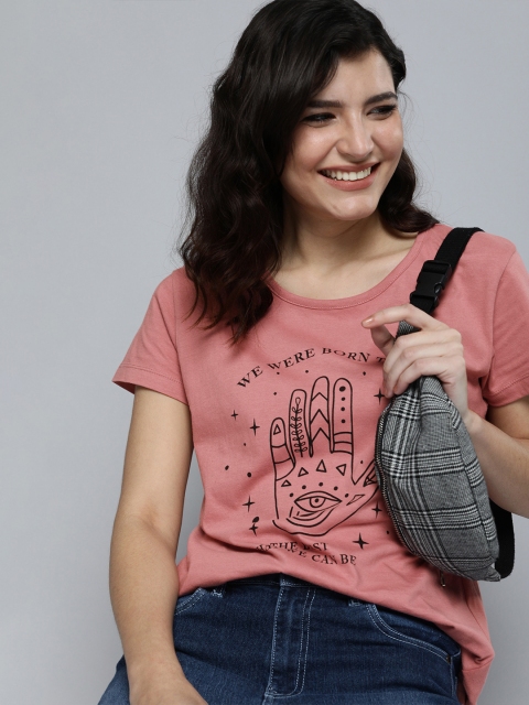 

HERENOW Women Pink Black Typography Printed Pure Cotton T-shirt