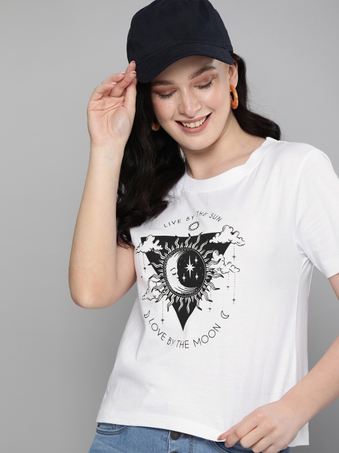 

HERENOW Women White Printed Pure Cotton T-shirt