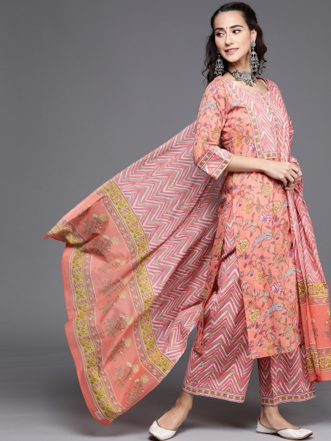 

Libas Women Peach-Coloured Ethnic Print Straight Cotton Kurta with Trousers & Dupatta