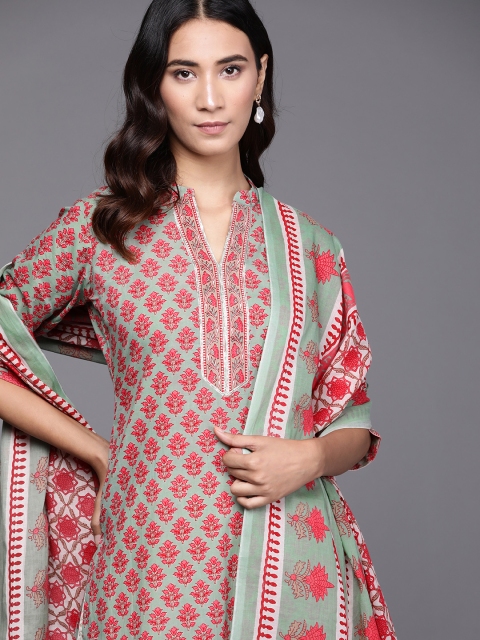

Libas Women Sea Green &Red Ethnic Motifs Printed Pure Cotton Kurta with Palazzos & Dupatta