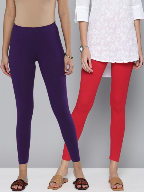 

HERE&NOW Women Pack Of 2 Burgundy & Red Solid Ankle Length Leggings