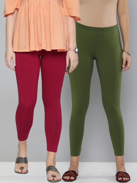 

HERE&NOW Women Maroon & Green Solid Leggings