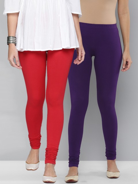 

HERE&NOW Pack Of 2 Women Red & Burgundy Cotton Leggings