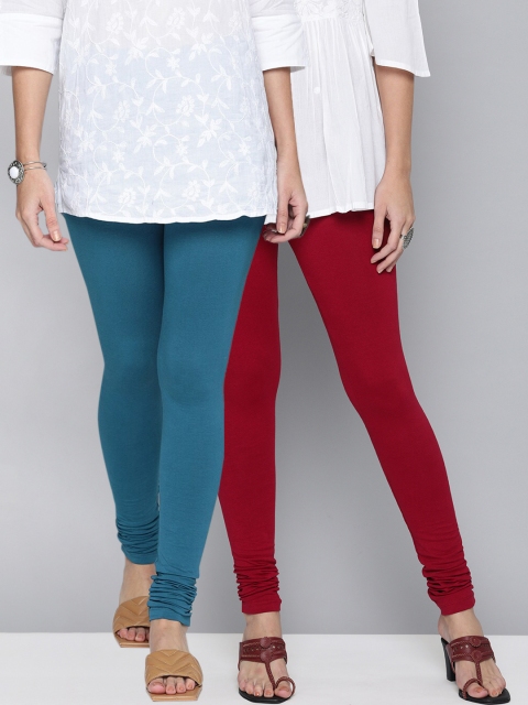 

HERE&NOW Women Teal & Maroon Slim Fit Churidar Length Leggings