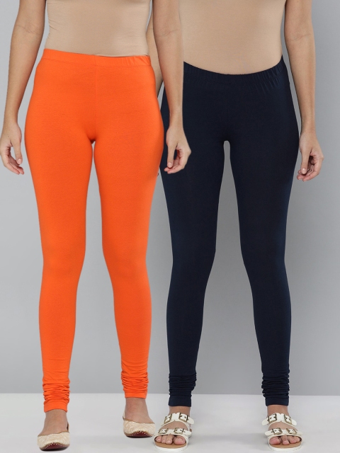 

HERE&NOW Women Orange & Navy Blue Solid Leggings