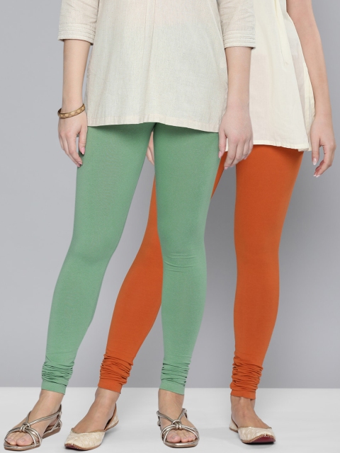 

HERE&NOW Women Pack Of 2 Green & Orange Solid Churidar Length Leggings