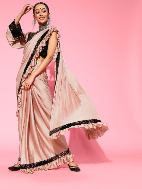 

Tikhi Imli Solid Saree with Embellished border, Peach