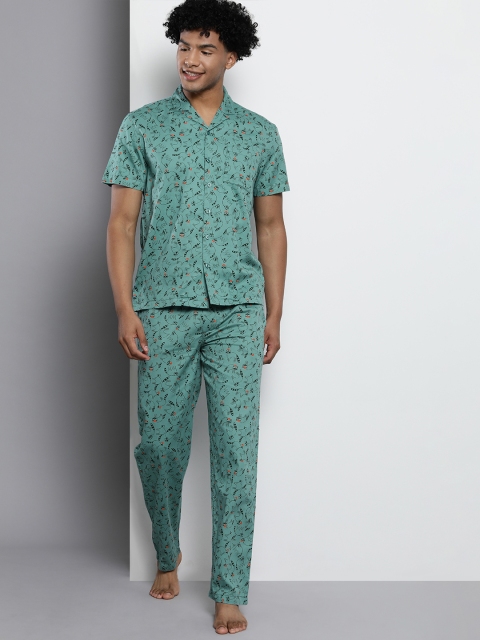 

The Indian Garage Co Men Sea Green Printed Pure Cotton Night Suit