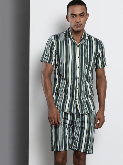 

The Indian Garage Co Men Green & White Striped Pure Cotton Night suit