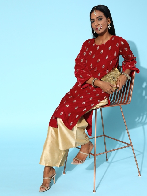 

Tikhi Imli Women Red & Golden Embellished Flared Sleeves Velvet Kurta