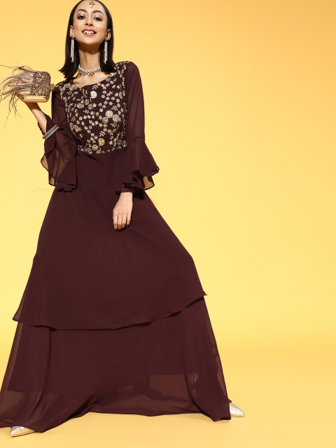 

Tikhi Imli Coffee Brown & Golden Embroidered Detail Georgette Maxi Gown