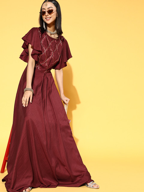 

Tikhi Imli Maroon Ethnic Embroidered Detail Crepe Maxi Gown