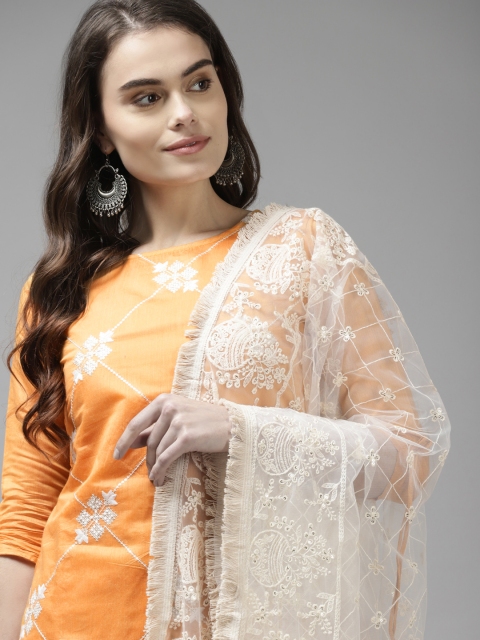

Indo Era Women Orange Embroidered Chanderi Cotton Kurta with Trousers & Dupatta