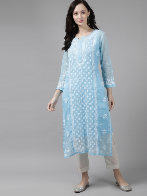 

ADA Women Turquoise Blue & White Ethnic Motifs Hand Embroidered Chikankari Kota Kurta With Slip