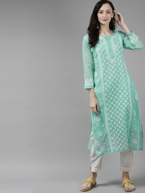 

ADA Women Sea Green & White Hand Embroidered Chikankari Kota Kurta with a Matching Slip