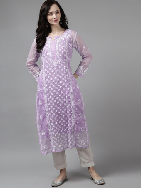 

ADA Women Purple & White Ethnic Motifs Hand Embroidered Chikankari Kota Kurta with a Slip
