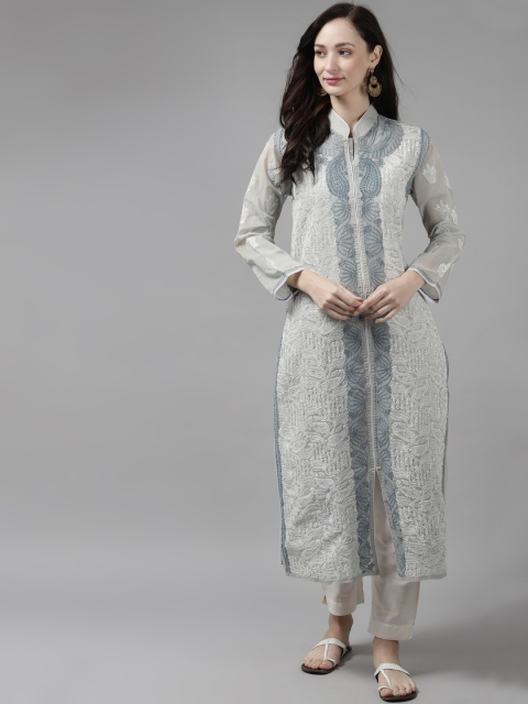 

ADA Women Grey & White Ethnic Motifs Hand Embroidered Chikankari Handloom Kurta